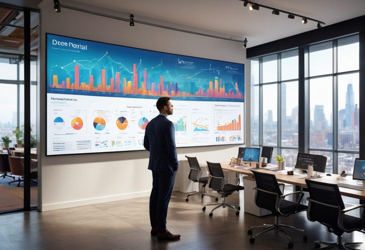 A modern business consultant, confidently presenting a digital map of industry trends on a large interactive screen, surrounded by diverse professionals engaged in discussion. Incorporate elements such as graphs, charts, and icons representing various sectors. The setting should be a sleek, open office space with large windows and a city skyline in the background for a motivational feel. super-realistic. vibrant colors. modern design.