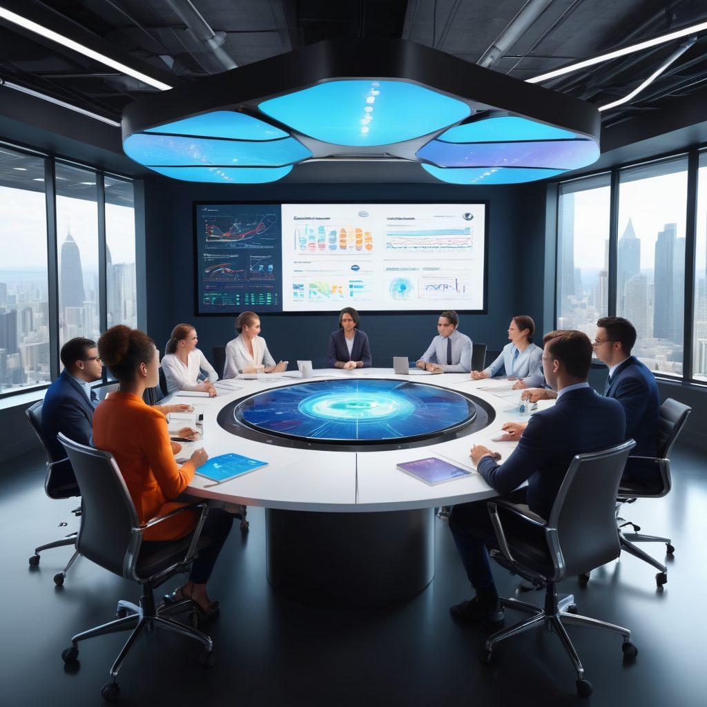 A dynamic graphic featuring a diverse group of professionals brainstorming around a modern conference table, vibrant charts and graphs on digital screens illustrating growth and innovation in the background. Incorporate elements representing strategies, such as gears, arrows, and lightbulbs, to symbolize transformation and advice. The atmosphere should be energetic and collaborative. super-realistic. vibrant colors. 3D.