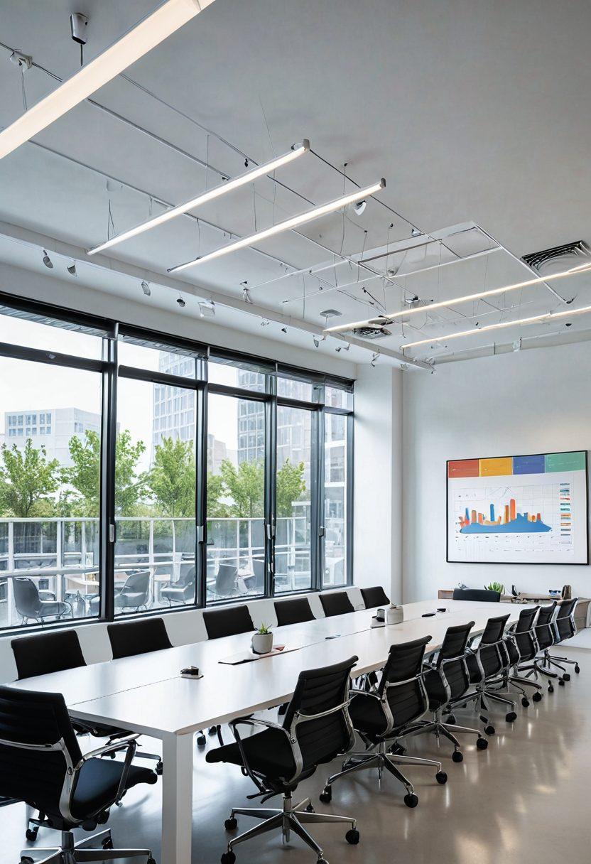 A modern, sleek office space featuring a large conference table surrounded by diverse professionals discussing strategies, with charts and graphs projected on a screen. The atmosphere is collaborative and dynamic, showcasing both digital and physical planning tools. Emphasize a bright, inspirational vibe with natural light coming through large windows. super-realistic. vibrant colors. white background.